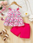 Summer Girl's Outfit Floral Sling Top + Shorts Set Holiday Leisure Summer Clothes