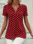 Polka Dots Print V Neck Blouse Elegant Zipper Front Short Sleeve Blouse For Spring & Summer Women's Clothing
