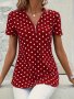 Polka Dots Print V Neck Blouse Elegant Zipper Front Short Sleeve Blouse For Spring & Summer Women's Clothing