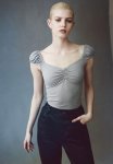 Picot-trimmed Puff-sleeved Top - Grey
