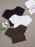 3PCS Crop Square Neck T-Shirt Young Short Sleeve Top For Spring & Summer Women's Clothing