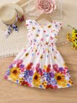 Colorful Floral Print Flutter Sleeveless Dress Girls Casual Dresses Holiday Summer Gift