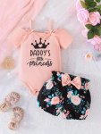 Baby's "daddy's Little Princess" Print 2PCS Lovely Summer Outfit Off-shoulder Ribbed Bodysuit & Flower Pattern Shorts Set Toddle