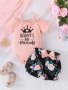 Baby's "daddy's Little Princess" Print 2PCS Lovely Summer Outfit Off-shoulder Ribbed Bodysuit & Flower Pattern Shorts Set Toddler & Infant Girl's Clothes For Daily/holiday As Gift