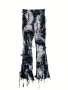 Tie Dye Print Flare Leg Pants Y2K High Waist Skinny Tassel Mesh Pants For Fall & Winter Women's Clothing