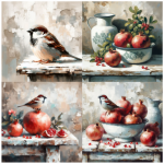 Tear Resistant Deco Print Sparrow And Pomegranate 4'S
