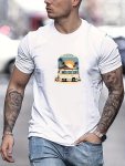 Men's 100% Cotton Classic Crew Neck T-Shirt With Vintage Campervan & Beach Print - Casual Summer Knit Fabric Tee With Slight Str