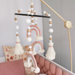 Cot Mobile Macrame Rainbows Dusty Pink With Beige Tassels