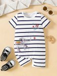 Infant's Elephant Graffiti Print Bodysuit Casual Striped Short Sleeve Romper Baby Boy's Clothing
