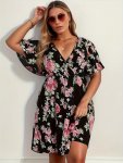 Plus Size Floral Print Cinched Waist Dress Vacation Style Surplice Neck Short Sleeve Dress For Spring & Summer Women's Plus Size