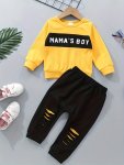Little Boys Casual & Trendy Cotton Outfit - "daddy' Boy" Print Stitching Long Sleeves Top + Ripped Trousers
