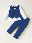 Boys 3-PIECE Gentleman Suit Set Solid Shirt Pants Vest And Bow Tie - Perfect For Birthdays Parties Weddings