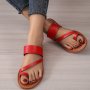 Women's Red Loop Toe Slide Sandals Casual Slip On Flat Beach Shoes Lightweight Faux Leather Shoes