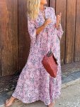 Floral Print Notch Neck Dress Vacation Long Sleeve Maxi Length Loose Dress For Spring & Fall Women's Clothing