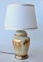Grey Ceramic Lamp With Gold Figurine Detail Off-white Shade 66X42CM