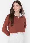 Crop Polo Collar Sweatshirt - Brown