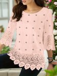 Solid Contrast Lace Trim Blouse 3 4 Sleeve Round Neck Casual Blouse Women's Clothing