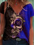 Plus Size Floral Print Color Block T-Shirt Casual Short Sleeve Top For Spring & Summer Women's Plus Size Clothing