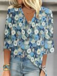 Floral Print V Neck Blouse Vacation 3 4 Sleeve Top For Spring & Summer Women's Clothing