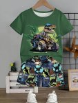 2-PIECE Boys Casual Outfit Set Dino And Car Print Versatile Short Sleeve Tee & Shorts Comfy Summer Clothes