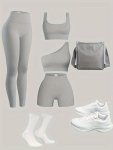 4PCS Women's Workout Set High-waist Leggings Sports Bra One-shoulder Crop Top Bike Shorts Stretch Fit Yoga & Athletic Wear Witho