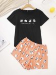 Cute Panda & Slogan Print Lounge Set Short Sleeve Round Neck Top & Elastic Shorts Women's Loungewear