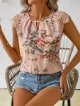 Floral Print Lace Splicing Blouse Elegant Cut Out Blouse For Spring & Summer Women's Clothing