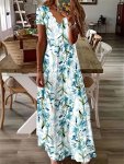 Floral Print Scallop Trim V-neck Dress Vintage Short Sleeve Maxi Dress For Spring & Summer Women's Clothing