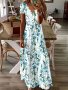 Floral Print Scallop Trim V-neck Dress Vintage Short Sleeve Maxi Dress For Spring & Summer Women's Clothing