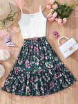 2PCS Girls Crop Cami Tops & Flowers Graphic Ruffled Hem Skirt Set Kids Summer Clothes