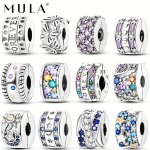 Mula 1 PC Silver Plated Sparkling Colored Zircon Forever Love Heart Butterfly Sun Moon Stars Feather Basic Clip Bead Charm Fit S