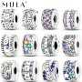 Mula 1 PC Silver Plated Sparkling Colored Zircon Forever Love Heart Butterfly Sun Moon Stars Feather Basic Clip Bead Charm Fit Snake Bracelet Necklace