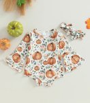 Floral Pumpkin Romper With Bell Sleeves And Headband