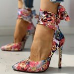 Women's Floral Printed Satin High Heels Fashion Pointed Toe Lace Up D'orsay Stiletto Sandals Party & Dress Pumps