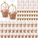 Seenelling 48 Set 144 Pcs Easter Gifts Bulk MINI Easter Bunny Plush With MINI Wicker Basket 2.4 In Stuffed Rabbit With 3.1 In W