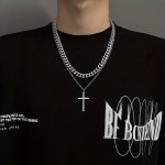 1PC Men's Cross Stainless Steel Necklace Men's Cuban Link Chain Necklace