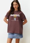 Printed Oversize wide Fit Crew Neck Knitted T-Shirt - Brown