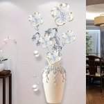 Contemporary Style Flower Vase Wall Decal With Crystal Embellishments Matte Finish Pvc Plant Theme Stickers Self-adhesive And Si