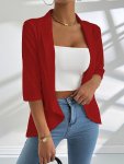 Hollow Out Open Front Jacket Versatile 3 4 Sleeve Solid Color Jacket For Spring & Summer Women's Clothing