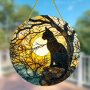 1pc Black Cat Before Sunset Art Stained Window Hanging Sun Catcher Sunshade Cat Lover Gift For Mom Family Lover Friends Acrylic Round Garland Sign