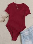 Solid V Neck Rib Knit Bodysuit Casual Short Sleeve Basic Bodysuit Women's Clothing