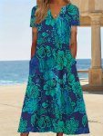 Floral Print Notch Neck Dress Casual Short Sleeve Loose Dress For Spring & Summer Women's Clothing