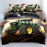 Farmhouse Chic 2 3PCS Duvet Cover Set - Green Tractor Design For Couples Breathable All-season Polyester Zip Closure - Includes