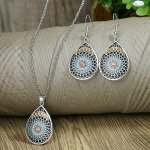 3PCS Earrings Plus Necklace Boho Style Jewelry Set Trendy Flower Carving In Waterdrop Shape Match Daily Outfits Perfect Decor Fo