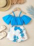 Casual Girls 2PCS Cold Shoulder Suspender Top + Blue Floral Shorts Set 2-PIECE Summer Outfit