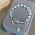 Elegant Sweet Imitation Cat Eye Stone Beaded Bracelet With Butterfly Charm Girls Casual Leisure Fashion Jewelry Gift