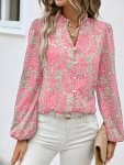 Vintage Floral Print V-neck Blouse Elegant Lantern Sleeve Button Decor Top For Spring & Fall Women's Clothing