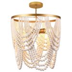 Bohemia Wood Beaded Chandelier - Boho 5-LIGHT Gold And Oak Finish Beaded Light Fixture For Dining Living Bedroom Nursery Girl Ro