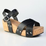 Ladies Cork Wedge Strips Sandal - Black - 8