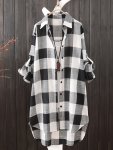Plaid Print Button Front Shirt Casual Long Sleeve Curved Hem Mid-length Shirt For Spring & Fall Women's Clothing